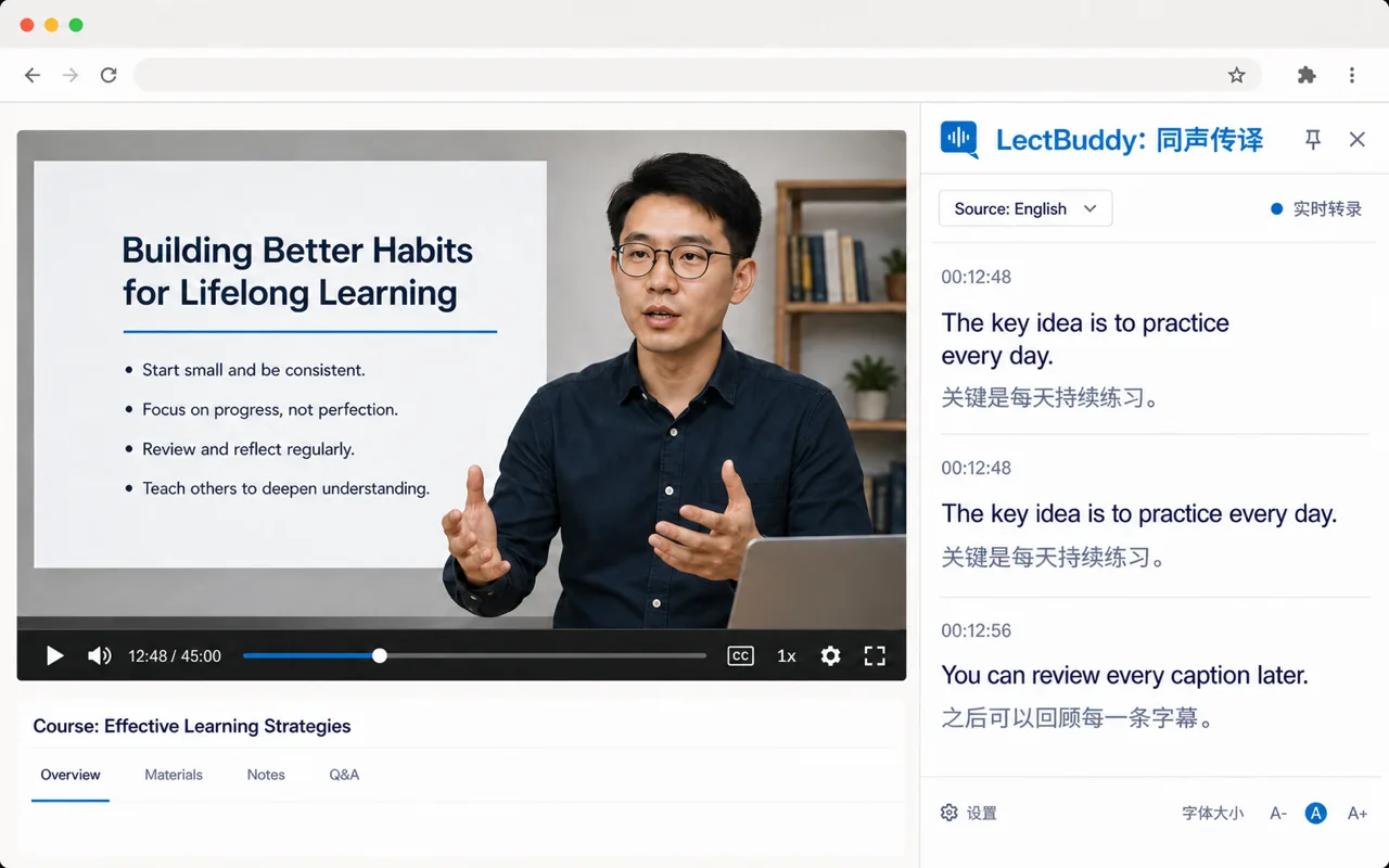 A browser lecture with LectBuddy side-panel captions shown in English and Chinese
