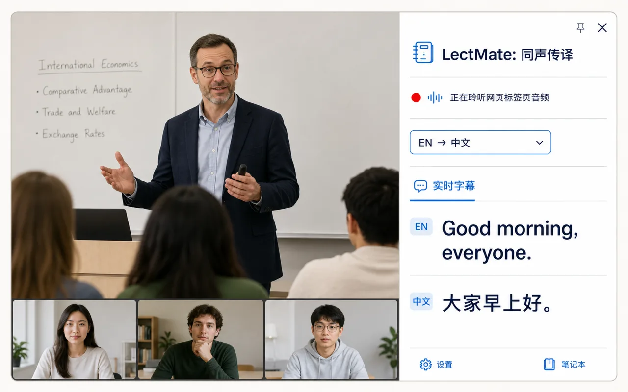 LectBuddy Chrome 插件在网页课堂旁显示英文原文和中文实时字幕