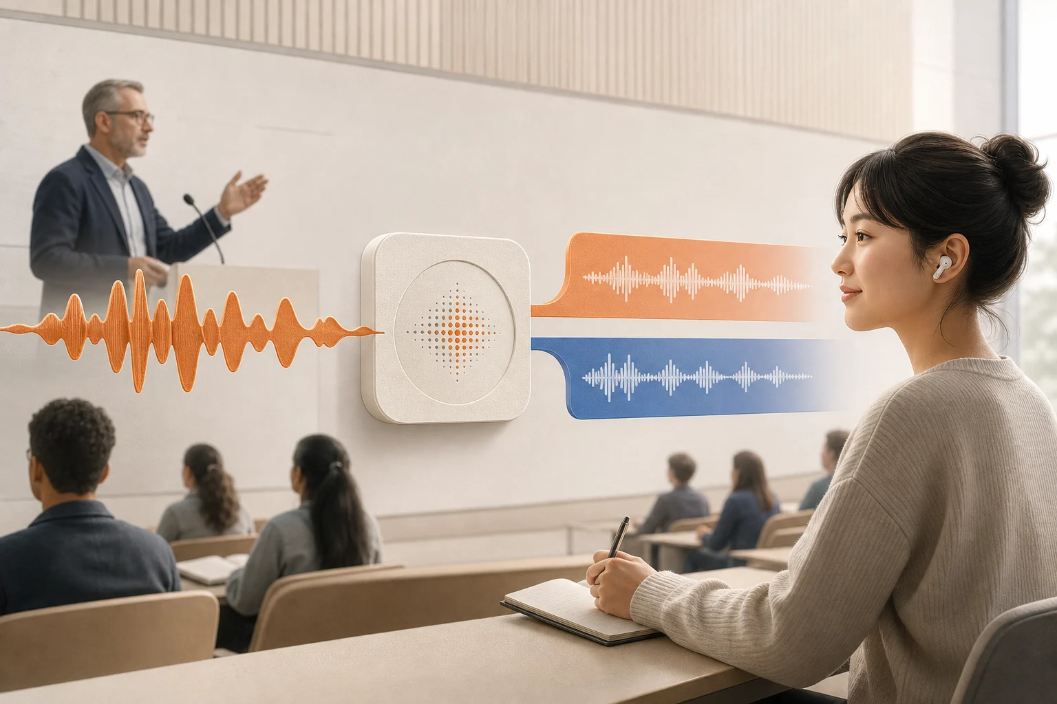 LectBuddy transforming a live lecture waveform into synchronized original and translated streams