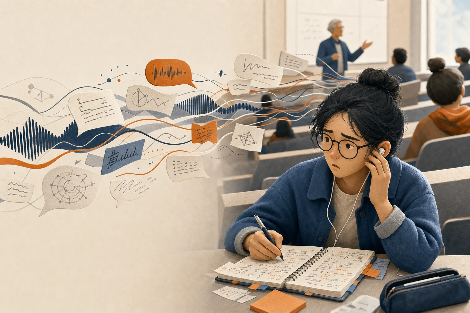 International student overwhelmed by fast lecture speech, technical terms, and note-taking pressure