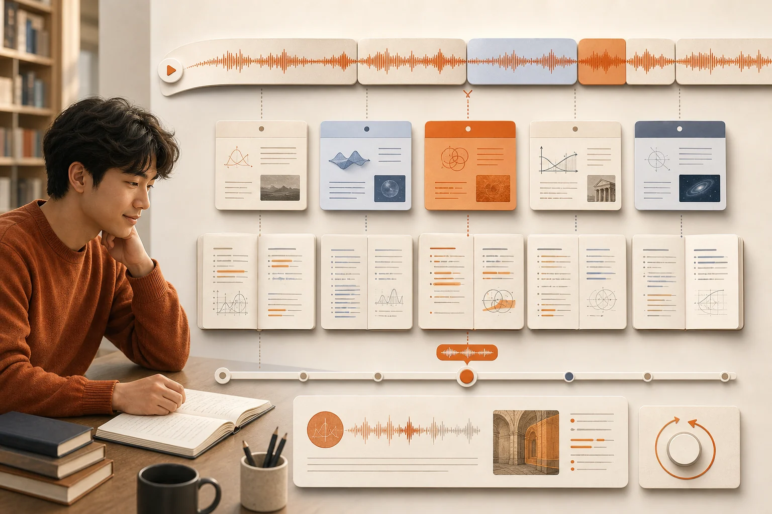 Student reviewing an organized lecture timeline with searchable chapters, bilingual notes, and replay controls